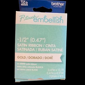 Brother P-Touch Embellish Print Satin Ribbon, Gold on White Satin Ribbon